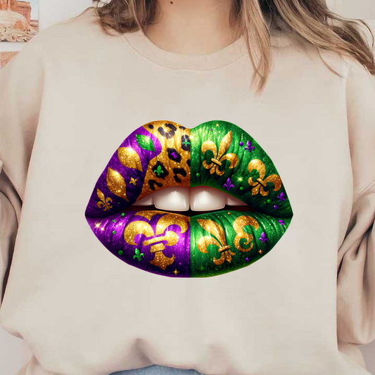 Vibrantly decorated lips featuring purple, gold, and green designs, including leopard print and fleur-de-lis motifs, perfect for festive celebrations.DTF Transfers