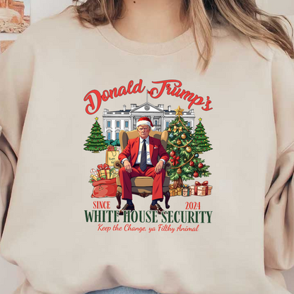 A festive design featuring Trump in a Santa hat and red suit seated in front of the White House, surrounded by Christmas decorations.DTF Transfersdtf regular iron heat press transfers