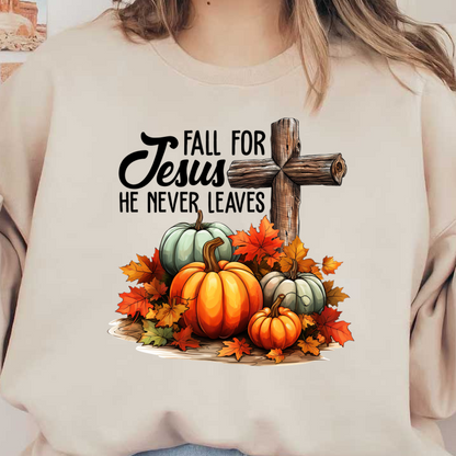 A charming autumn scene featuring colorful pumpkins and vibrant fall leaves, complemented by a rustic wooden cross.dtf regular iron