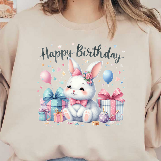 A cute, fluffy white bunny adorned with a pink bow and flowers celebrates a birthday surrounded by colorful gifts and balloons.DTF Transfers