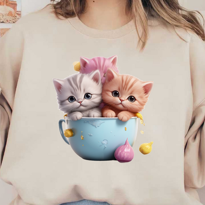 Tres adorables gatitos, uno gris, uno naranja y uno rosado, se asoman juguetonamente de una taza de té azul rodeada de gotas de colores.