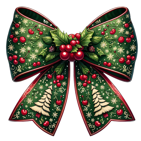 Festively designed, this large green bow adorned with holly, berries, and Christmas trees adds a cheerful touch to holiday decorations. dtf prints