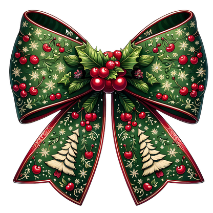 Festively designed, this large green bow adorned with holly, berries, and Christmas trees adds a cheerful touch to holiday decorations. dtf prints