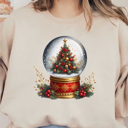 A festive Christmas snow globe featuring a decorated tree with red and gold accents, set on a vibrant red base. dtf prints