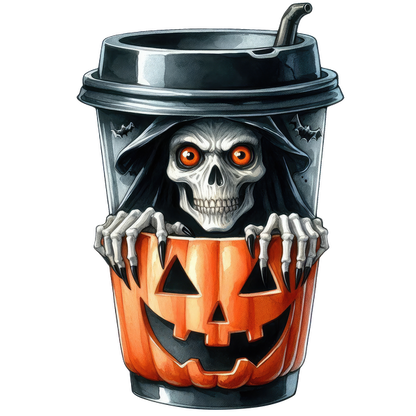 Una espeluznante taza de café con temática de Halloween que presenta una calabaza sonriente y un esqueleto asomándose, perfecta para bebidas festivas.