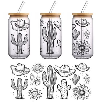 A playful collection of illustrated cacti and cowboy hats, perfect for a Western-themed design or decoration.UV Transfers dtf transfers