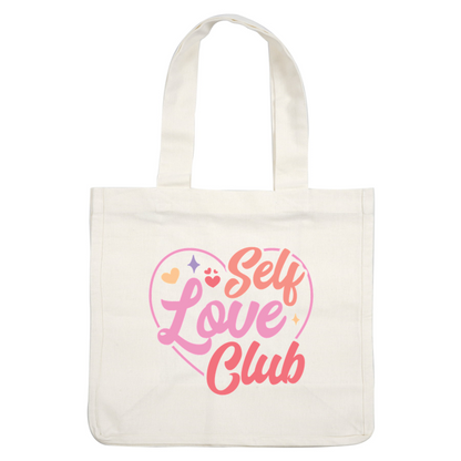 Un diseño colorido y divertido que presenta la frase "Self Love Club" rodeada de corazones y estrellas en forma de corazón.