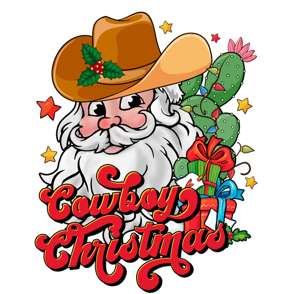 Un alegre Papá Noel con un sombrero de vaquero rodeado de cactus y regalos festivos, celebrando una extravagante Navidad vaquera.