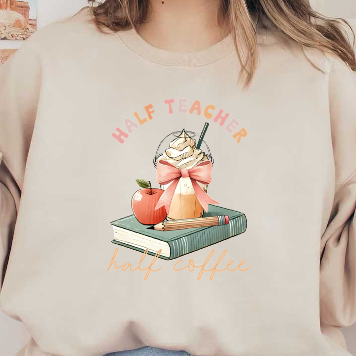 A whimsical illustration featuring a delicious coffee drink topped with whipped cream, an apple, and a pencil on a book.DTF Transfers