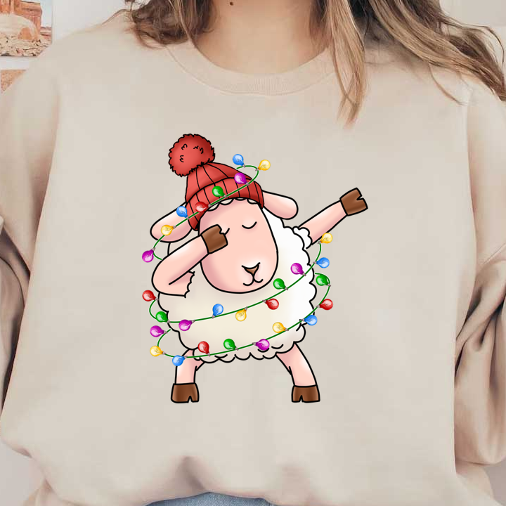 A cheerful cartoon sheep wearing a red knit hat dances while wrapped in colorful Christmas lights, bringing festive joy. dtf transfers