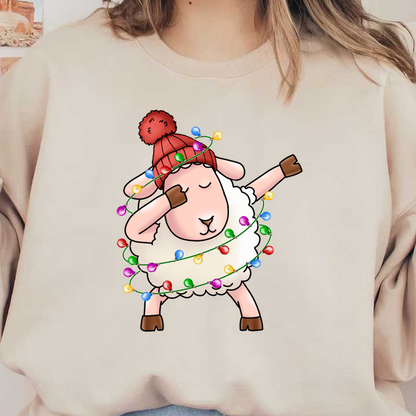 A cheerful cartoon sheep wearing a red knit hat dances while wrapped in colorful Christmas lights, bringing festive joy. dtf transfers