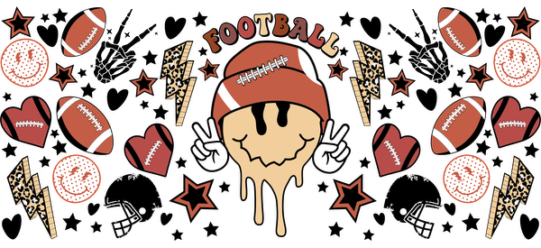 A fun, colorful graphic featuring a cartoonish football character with a cap, surrounded by footballs, stars, and snacks.UV Transfers heat press transfers