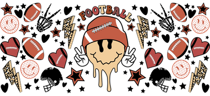 A fun, colorful graphic featuring a cartoonish football character with a cap, surrounded by footballs, stars, and snacks.UV Transfers heat press transfers