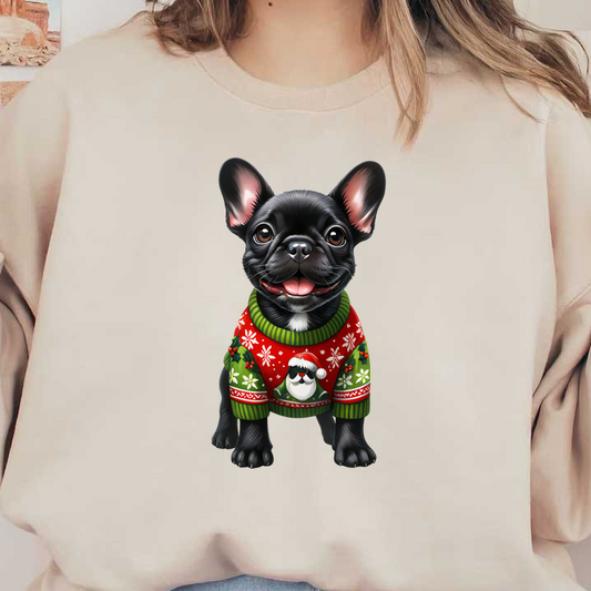 Un alegre bulldog francés negro viste un festivo suéter navideño rojo y verde, con diseños festivos y una apariencia divertida.