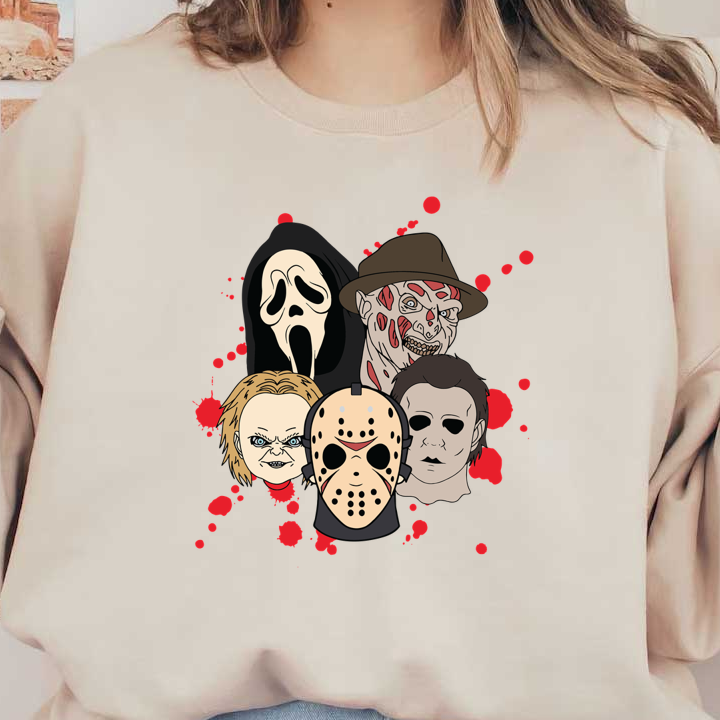 A colorful illustration featuring iconic horror movie masks, including Jason, Michael Myers, and Ghostface, set against a splattered background. dtf prints