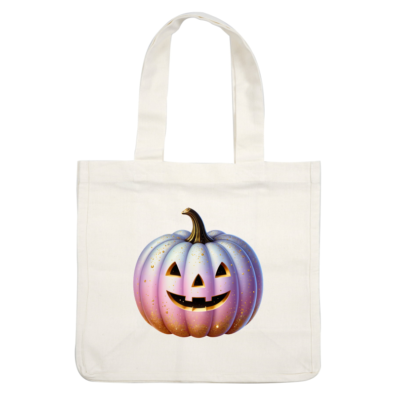 Una calabaza caprichosa de color pastel con una simpática cara de linterna y detalles dorados, perfecta para las festividades de Halloween.