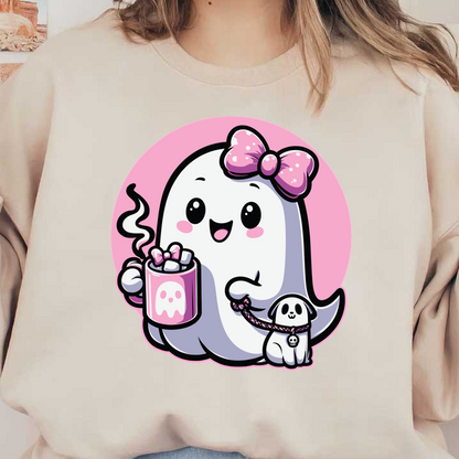 Cute ghost character with a pink bow, holding a steaming mug and walking a small puppy, set against a pink background.dtf regular iron