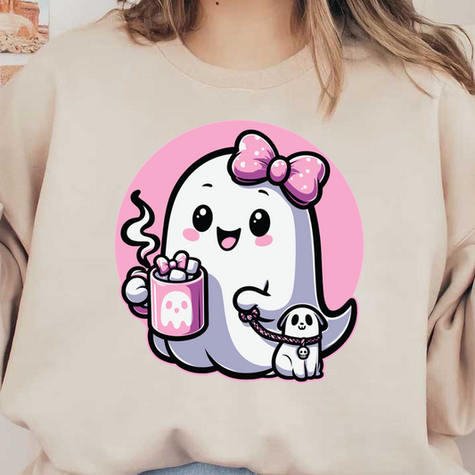 Lindo personaje fantasma con un lazo rosa, sosteniendo una taza humeante y paseando a un pequeño cachorro, sobre un fondo rosa.