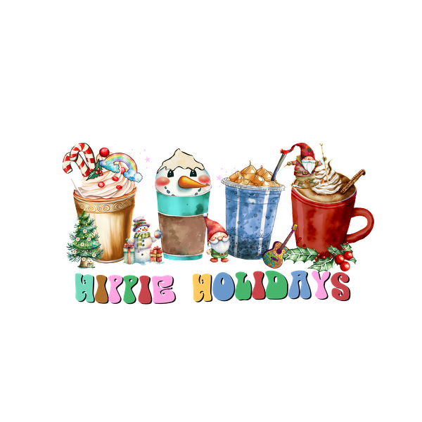 Celebrate the season with colorful holiday drinks and festive decorations, showcasing a vibrant "Hippie Holidays" theme!dtf regular iron