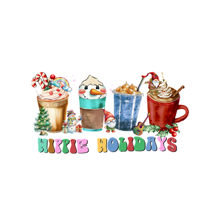 Celebrate the season with colorful holiday drinks and festive decorations, showcasing a vibrant "Hippie Holidays" theme!dtf regular iron