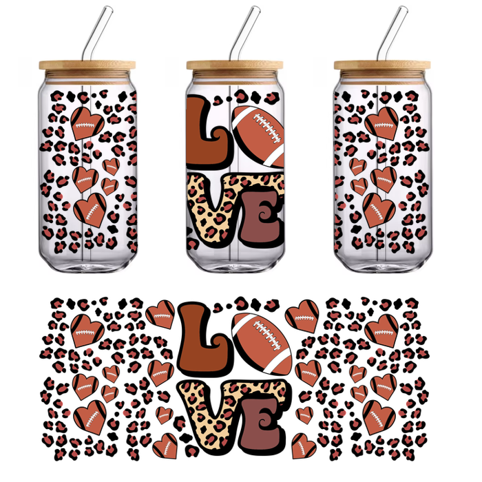 A fun and playful design featuring the word "LOVE" with a football theme, surrounded by festive elements like footballs and cheer hands.UV Transfers dtf prints