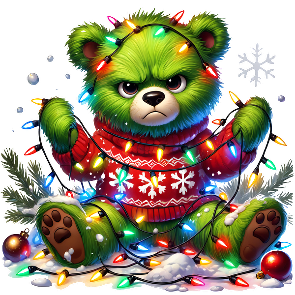 A playful green bear wearing a festive red sweater is tangled in colorful Christmas lights, bringing a humorous holiday spirit.DTF Transfers dtf prints