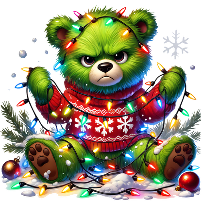 A playful green bear wearing a festive red sweater is tangled in colorful Christmas lights, bringing a humorous holiday spirit.DTF Transfers dtf prints