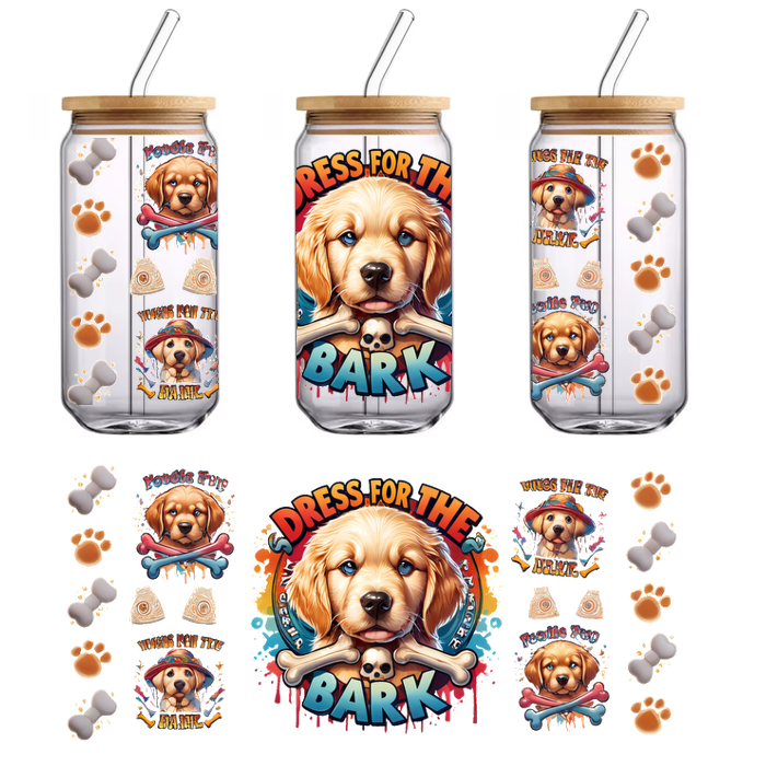 A playful graphic featuring a cute golden retriever puppy surrounded by colorful designs, bones, and the phrase "Dress for the Bark."UV Transfers dtf transfers