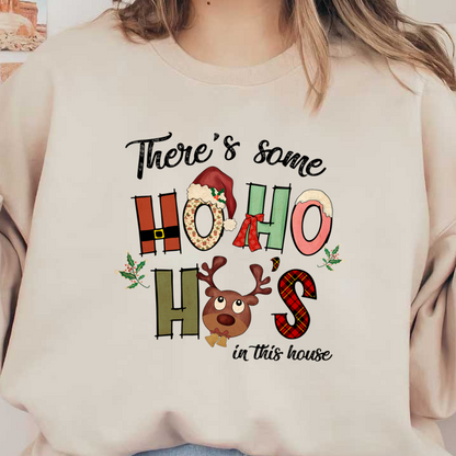 A cheerful holiday-themed design featuring playful letters spelling "HO HO HO," complete with a cute reindeer and festive elements.dtf regular iron