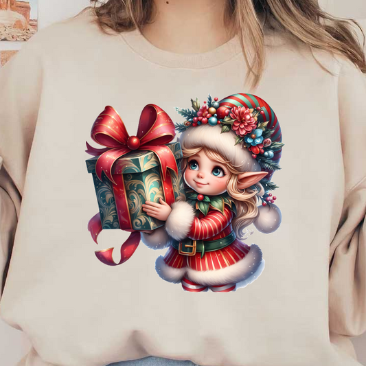 A cheerful elf in a festive red outfit holds a beautifully wrapped gift, adorned with colorful decorations and a big bow.DTF Transfers heat press transfers