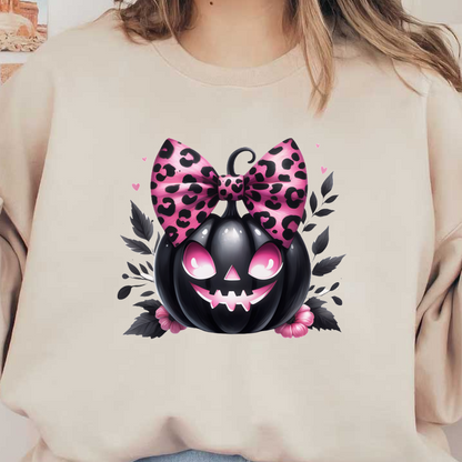 Una divertida calabaza negra con un lindo lazo con estampado de leopardo rosa y una cara amigable y sonriente rodeada de detalles florales.