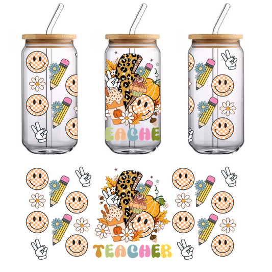 A vibrant, cheerful design featuring smiling faces, flowers, pencils, and a "TEACHER" theme, perfect for classroom decor.UV Transfers heat press transfers