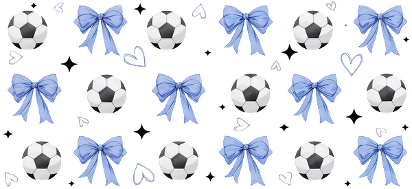 A playful pattern featuring black and white soccer balls adorned with light blue bows and whimsical heart designs on a dark background.UV Transfers heat press transfers