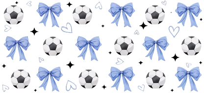 A playful pattern featuring black and white soccer balls adorned with light blue bows and whimsical heart designs on a dark background.UV Transfers heat press transfers