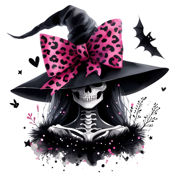 Un elegante personaje esqueleto que lleva un gran lazo con estampado de leopardo rosa y un sombrero de bruja, adornado con detalles florales y murciélagos.