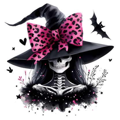 Un elegante personaje esqueleto que lleva un gran lazo con estampado de leopardo rosa y un sombrero de bruja, adornado con detalles florales y murciélagos.