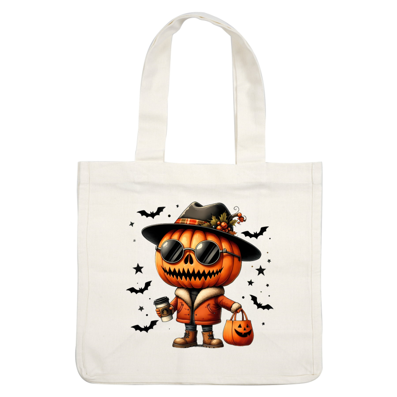 Un elegante personaje de calabaza con gafas de sol, un sombrero y una chaqueta naranja, sosteniendo una taza de café y una bolsa con temática de calabaza.