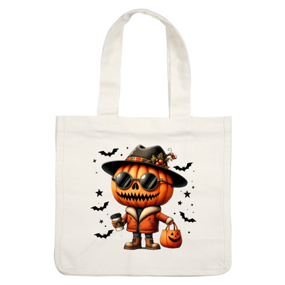 Un elegante personaje de calabaza con gafas de sol, un sombrero y una chaqueta naranja, sosteniendo una taza de café y una bolsa con temática de calabaza.