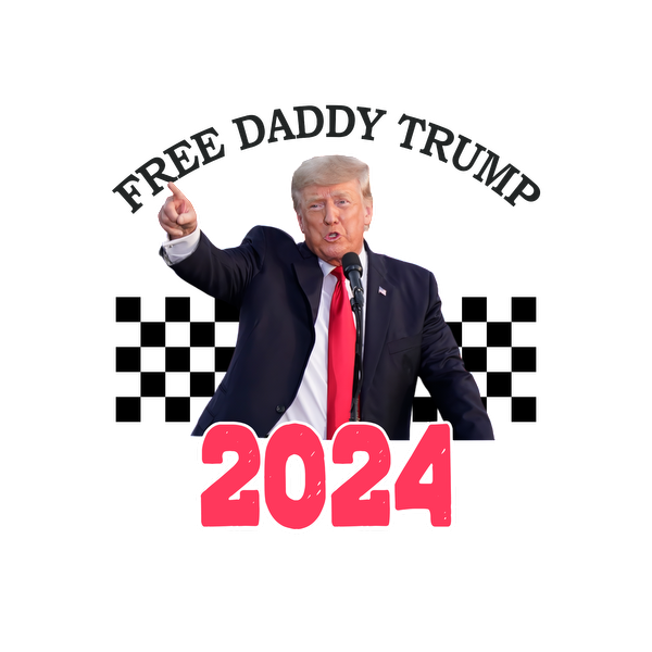 Un gráfico político que presenta una figura notable con la frase "Free Daddy Trump" (Liberen a papá Trump) y el año "2024" en un lugar destacado.