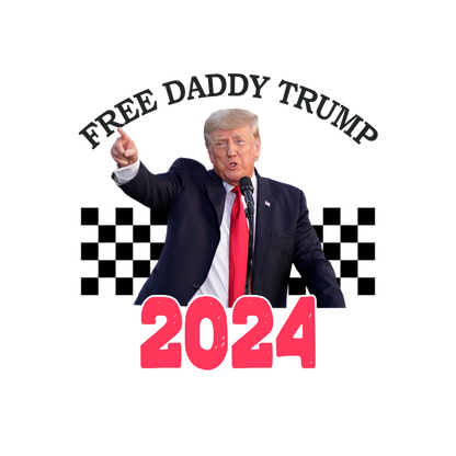 Un gráfico político que presenta una figura notable con la frase "Free Daddy Trump" (Liberen a papá Trump) y el año "2024" en un lugar destacado.