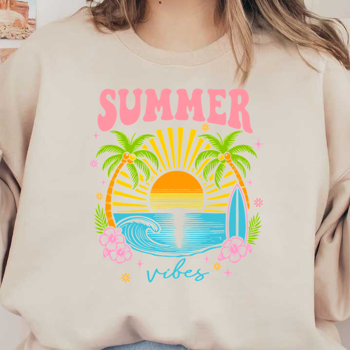 Colorful summer vibes graphic with palm trees, surfboard, and sunset design.DTF Transfers