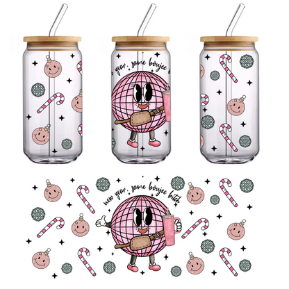 This playful illustration features a cheerful pink disco ball character holding a drink, surrounded by festive candy canes and smiling ornaments.UV Transfers