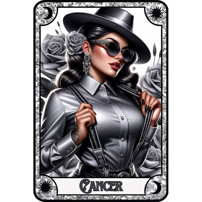 Una elegante ilustración de una mujer con una elegante camisa plateada y sombrero, adornada con rosas y gafas de sol, que representa a Cáncer.