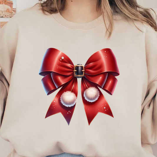 A festive red bow featuring a shiny buckle and fluffy white pom-poms, perfect for holiday decorations.dtf regular iron