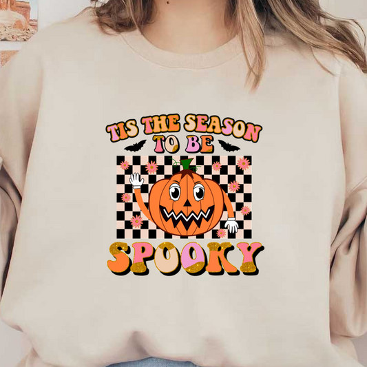 Celebrate Halloween with this playful graphic featuring a smiling jack-o'-lantern and the cheerful phrase "Tis the season to be spooky!" heat press transfers