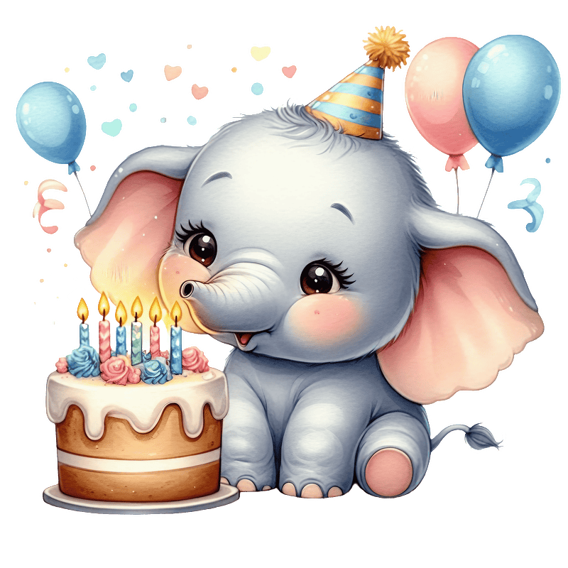 Celebrate with this adorable cartoon elephant, wearing a festive hat next to a birthday cake with colorful candles and balloons!DTF Transfers