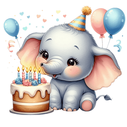 Celebrate with this adorable cartoon elephant, wearing a festive hat next to a birthday cake with colorful candles and balloons!DTF Transfers