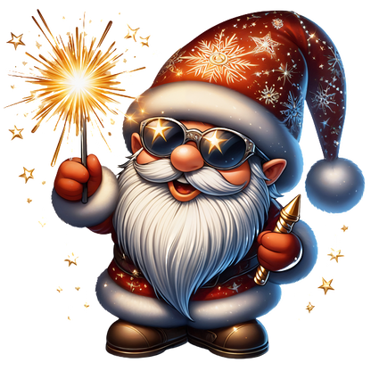 Cheerful Santa Claus character sporting sunglasses, holding a sparkler, and dressed in a festive red suit, perfect for holiday celebrations!dtf regular iron