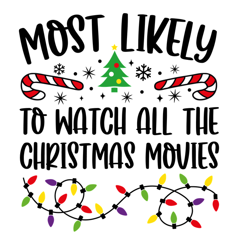 A festive illustration featuring a Christmas tree flanked by candy canes, surrounded by colorful holiday lights, perfect for seasonal cheer.DTF Transfers heat press transfers dtf transfers