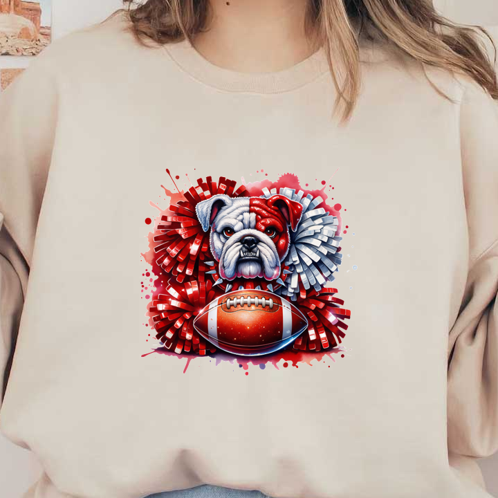 Una ilustración vibrante que presenta un bulldog entre pompones rojos y plateados, con un balón de fútbol en primer plano. Transferencias DTF